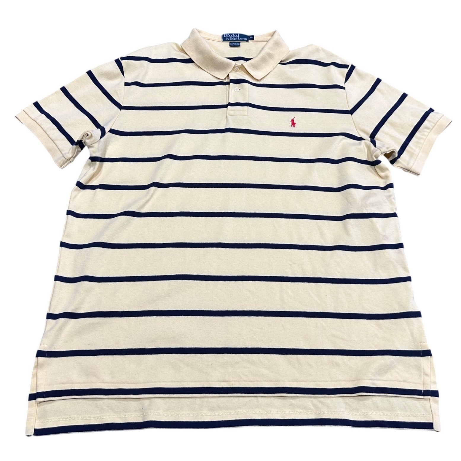 Polo Ralph Lauren Mens Xl Polo Shirt Cream Navy Blue Striped Short Sleeve Cotton